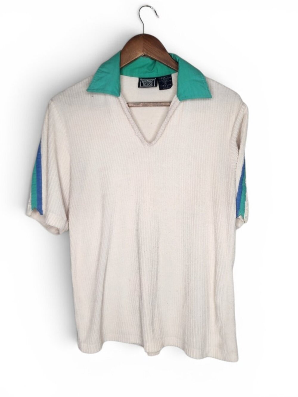 1970s Hungry Horse Chenille Terry Knit Vintage Collared Shirt in Ivory Size M